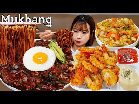 Видео: Sub)Real Mukbang- Лапша с черной фасолью (Чачжанмён)🍜 Кисло-сладкая свинина, жареные креветки 🍤 ASMR