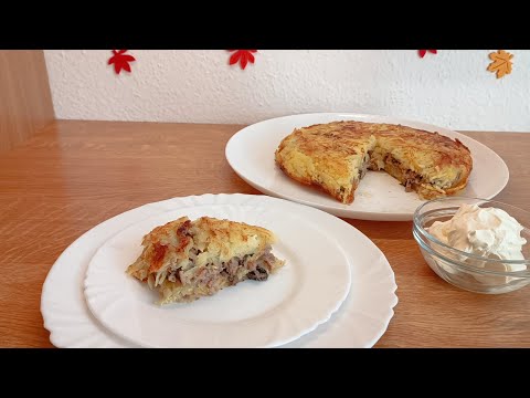 Видео: Картофельный пирог с мясной начинкой без теста в сковороде.