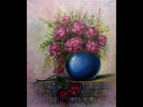Видео: Рисуем цветы гортензии пальцами! Ваза с цветами мастихином и пальцами.