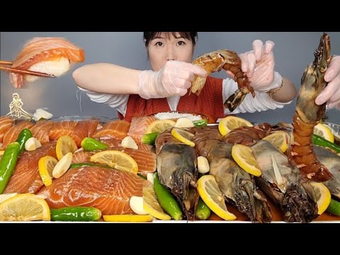 Видео: Королевский тигр с креветками 🦐 Лосось 🐟 суши из лосося 🍣 мокбан