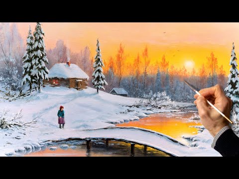 Видео: Зимний закат - пейзаж. Живопись маслом. Уроки рисования. Искусство. Красивая картина. Хобби.