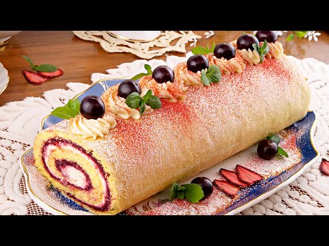 Видео: 🍰Очень вкусный десерт! Бисквитный рулет с фруктовым джемом и кремом из творожного сыра!