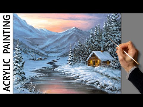 Видео: Acrylic Landscape Painting - Winter / Relaxing Art / Easy / Зимний пейзаж. Уроки рисования. Живопись