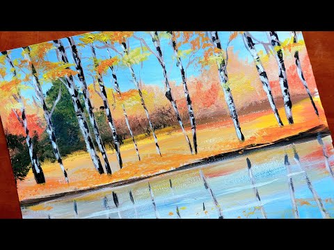Видео: Лесен пейзаж с акрилни бои на есен и брези.