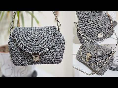 Видео: Сумочка крючком узором "КОСЫЕ ГАЛОЧКИ" из шнура с люрексом.  Подходит для начинающих.