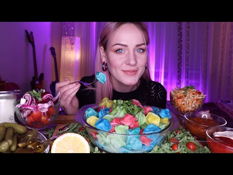 Видео: MUKBANG | Цветные пельмени 1кг, закуски |  Dumplings 1kg | не ASMR