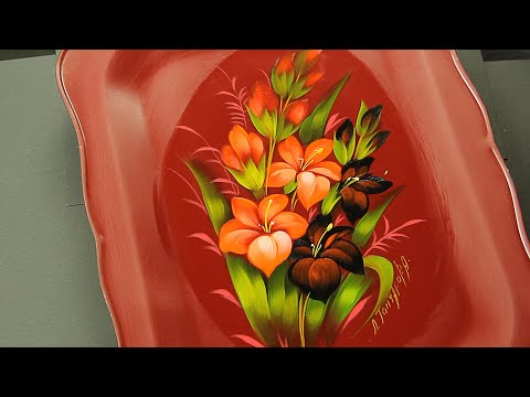 Видео: Гладиолус на красном фоне. Предметом для росписи будет Жостовский поднос