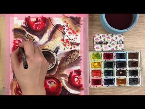 Видео: Акварельный Скетч с чашкой и яблоками