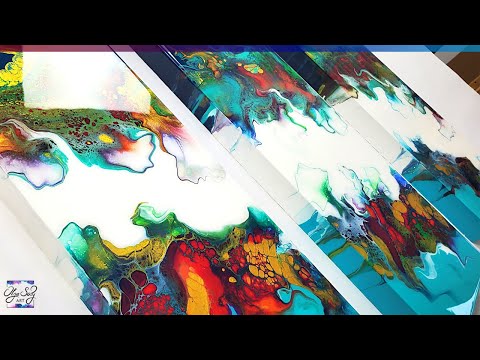 Видео: Тропическое трио - Цвета морской волны и красивые клетки - Акриловая заливка - Абстрактная живопись
