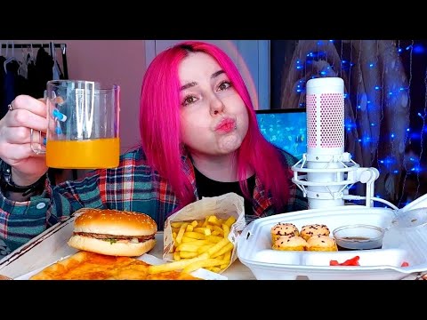 Видео: Ответы на вопросы/Бургер,пицца,картошка фри и роллы мукбанг/fastfood mukbang