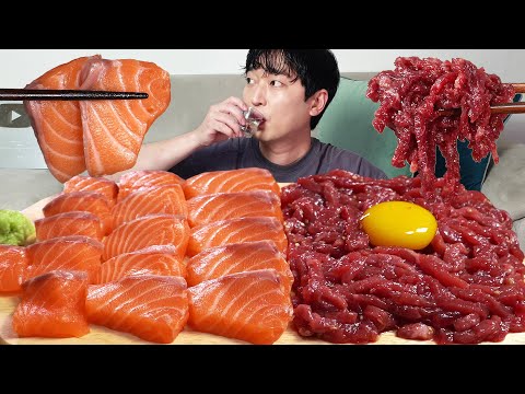 Видео: Сырой лосось, сырой тартар из говядины! Счастливого времени👍 MUKBANG REALSOUND ASMR EATINGSHOW