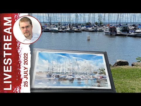 Видео: Понедельник, прямая трансляция 16: Пленэр, яхты в Пуэнт-Клер, Квебек (акварельный городской/морск...