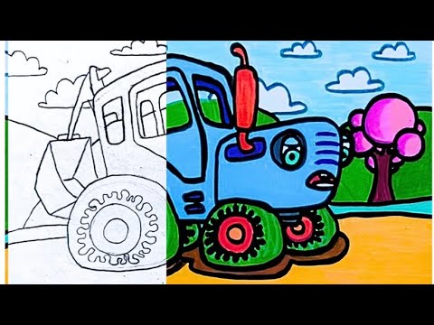 Видео: синий трактор, нарисованный на бумаге