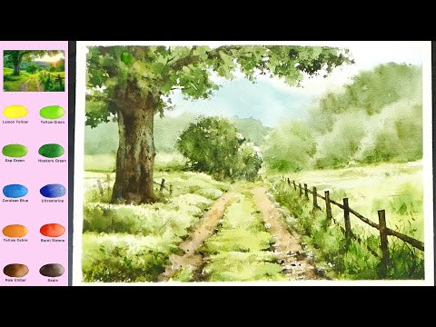 Видео: Без эскиза  Пейзаж Акварелью -  Полевая дорога  (просмотр названия цвета)