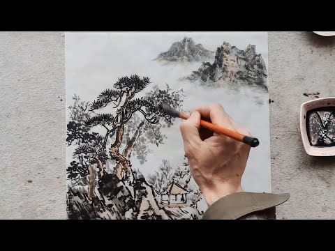Видео: Гора, облака и деревья - китайская художественная роспись