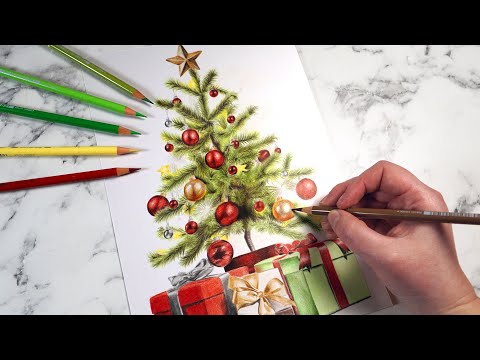 Видео: ПРОСТОЙ способ нарисовать новогоднюю ёлку цветными карандашами — урок Polychromos
