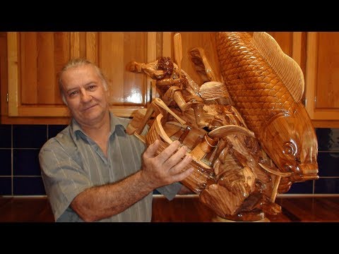 Видео: Скульптура из дерева "мечта рыбака", sculpture of wood fishermen and fish, готовая работа