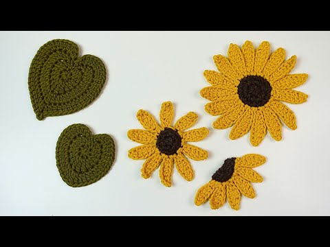 Видео: Вязаный крючком набор подсолнухов - 3 разных размера цветов и листьев | Учебник по вязанию крючком
