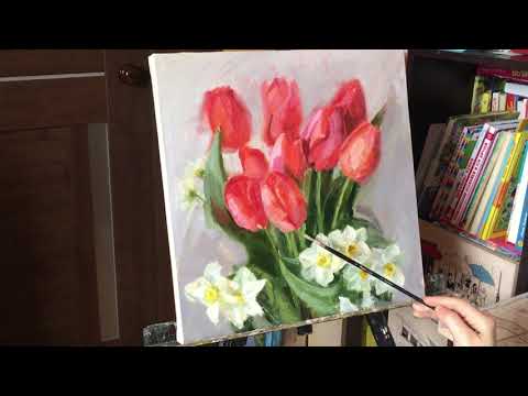 Видео: Тюльпаны и нарциссы маслом🌷🌷🌷🎨