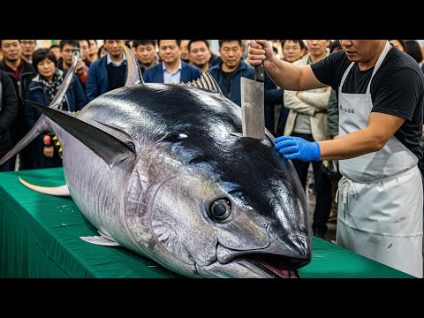 Видео: Один разрез. 100 вздохов. 485 кг синего тунца. #МонстрТунец