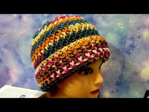 Видео: Теплая шапочка узором ,, Гречка,, крючком. Шапочка с отворотом для начинающих.