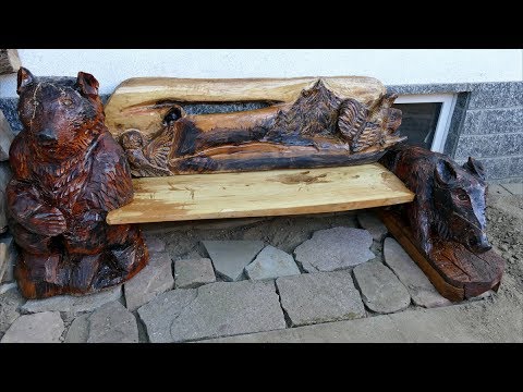 Видео: Geschnitzte Bank Bär,Eber,Auerhahn,Eule/Резная скамейка медведь,кабан,/Carved bench bear, boar,