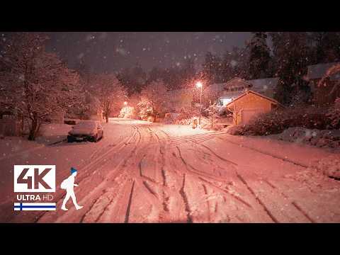 Видео: Одинокий ночью в сильный снегопад, красочная уличная прогулка в Финляндии - Медленное ТВ 4K