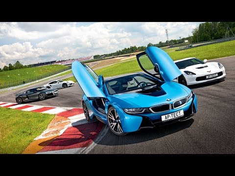 Видео: BMW i8, Chevrolet Corvette Z06, Audi R8 V 10 Plus и Porsche 911 Turbo S