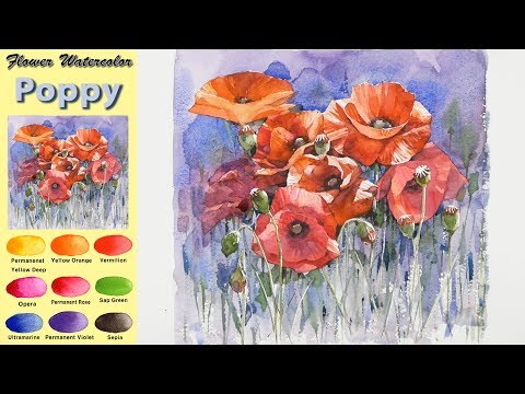Видео: Цветочная акварель - Поппи (wet-on-wet. Fabriano). NAMIL ART