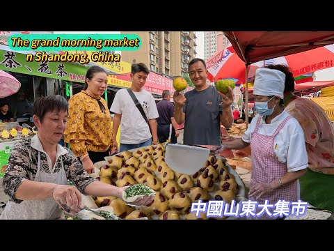 Видео: Шаньдун, Китай, уличная еда, большой рынок, яичные блины вкусные/4k