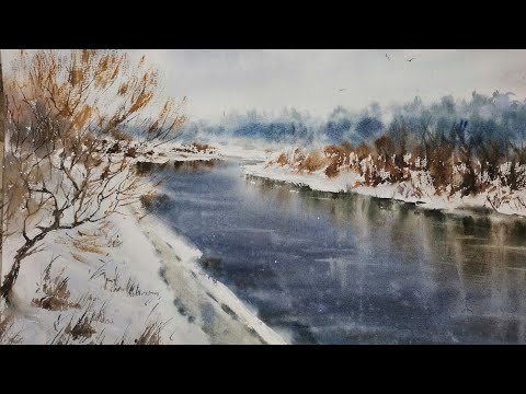 Видео: Зимняя река акварелью. Winter river in watercolor. #акварель #зимаакварелью #watercolor  #winter