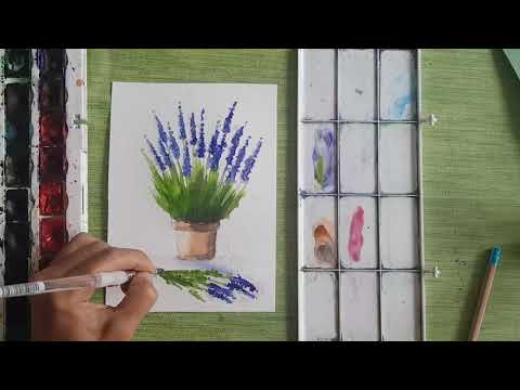 Видео: Как да нарисуваме Саксия с лавандули с  акварел