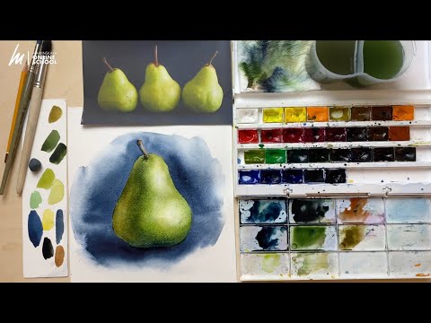 Видео: Живая груша акварелью в смешанной технике для начинающих