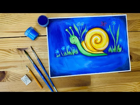 Видео: Легкий рисунок улитки гуашью для детей | Урок срисовки для начинающих