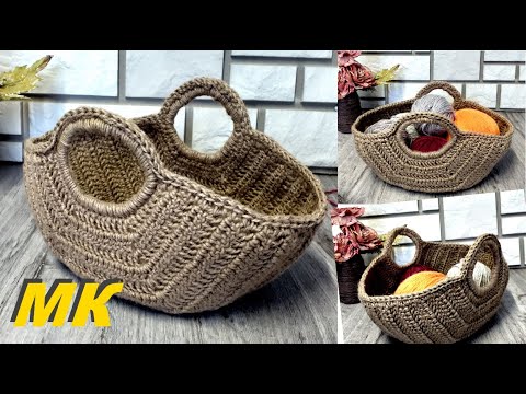 Видео: Декоративная интерьерная корзина. МК. Вязание из джута.