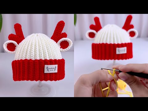 Видео: Милая вязаная крючком шапка с оленёнком 🦌 | Простой мастер-класс по зимней и рождественской шапке...