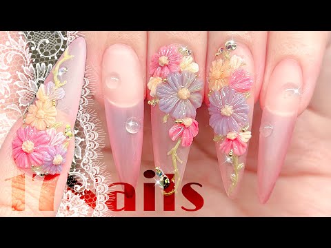 Видео: Ногти в стиле космос🌸Ногти в стиле цветка🫧Длинные ногти☁️Советы по наращиваниюСамостоятельные ногти