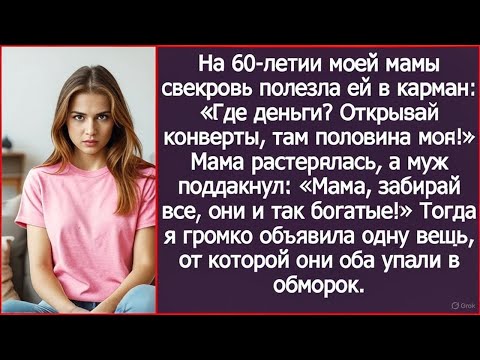 Видео: На 60-летии моей мамы свекровь полезла ей в карман. Где деньги? Открывай конверты, там половина моя!