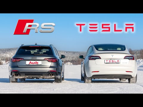 Видео: Audi RS4 Quattro против Tesla Model 3 Performance AWD — что лучше на снегу? ❄️