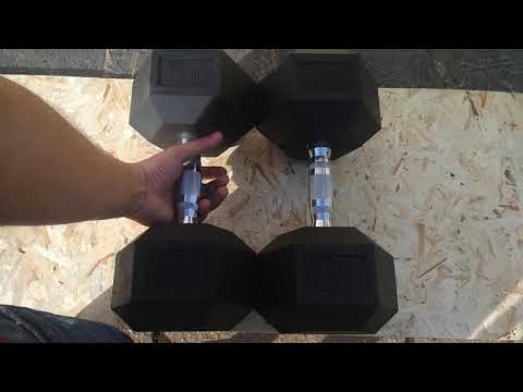 Видео: Обзор гексагональных обрезиненных гантелей по 25 кг