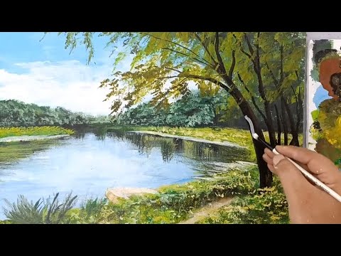 Видео: Картина Река и деревья для начинающих Акрил / Пейзаж