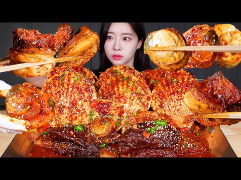 Видео: ASMR MUKBANG | Лучшее пикантное сочетание 🔥 Острые тушеные гребешки и говяжьи ребрышки 🔥