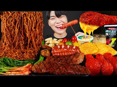 Видео: ASMR MUKBANG | Жареный цыпленок, стейк, лапша с черной фасолью, кимчи Корейская еда