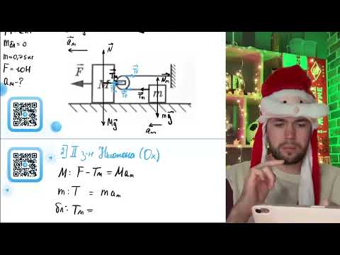 Видео: К бруску массой М = 2 кг прикреплён лёгкий блок (см. рисунок), через него переброшена - №21024