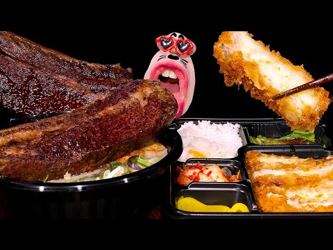 Видео: Сочный гигантский стейк из короткого ребра, тонкоцу рамен, свиная отбивная с сыром!🥩 ASMR Mukbang :)