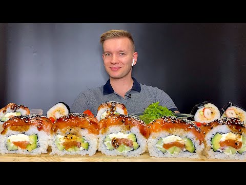 Видео: МУКБАНГ ГИГАНТСКИЕ РОЛЛЫ I Огромная филадельфия XXL 🍣😮 I Кг роллов с лососем 🐟, авокадо 🥑, огурцом 🥒