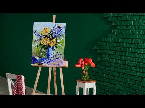Видео: Пишу цветы мастихином. Яркая картина маслом: жёлтые цветы и синяя ваза. Living art.