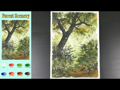 Видео: Без эскиза  Пейзаж Акварель -  Лесной пейзаж  (просмотр названия цвета,  материал представить)