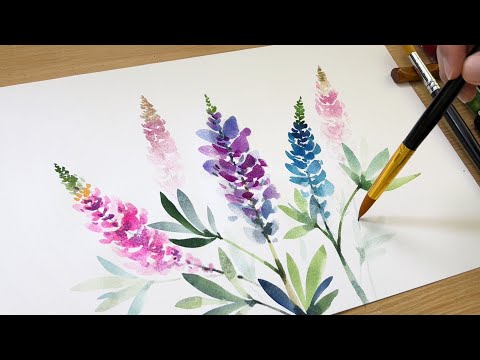 Видео: Акварельная живопись / Лаванда, люпины и сирень