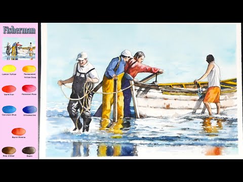 Видео: Рыбак -  Люди  Пейзаж Акварель  (смешение цветов,  материал представить)